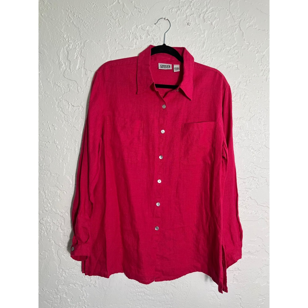Chicos Design Magenta Hot Pink 100% Linen Button Down Shirt Long Sleeve Size 2 L